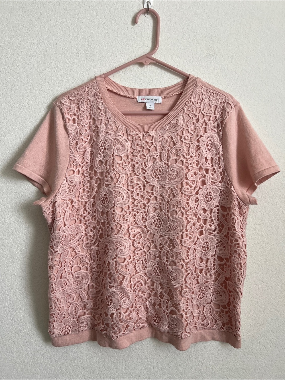 Liz Claiborne Rose Pink Lace crochet Front Short Sleeve Top XL cottagecore